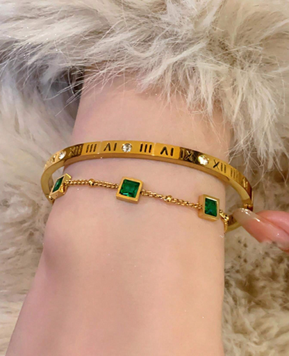 GOLD-PLATED DUO BRACELET SET WITH GREEN CUBIC STONES